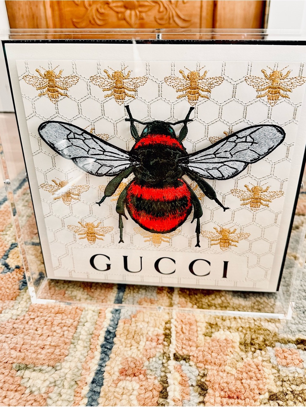 GUCCI Red, Black & Gold Embroidered “Honey” Bee Wall Art 12”x12”